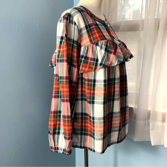 J. Crew Snowy Tartan Plaid Ruffle Popover Top Size Medium - Picture 7 of 9